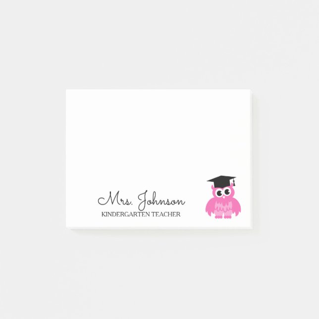 Personalisierte Kindergartenerzieherin rosa Eule Post-it Klebezettel (Vorderseite)