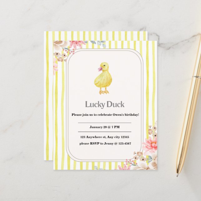 personalisierte Kindergeburtstag-Karte mit Ente (Vorderseite/Rückseite Beispiel)