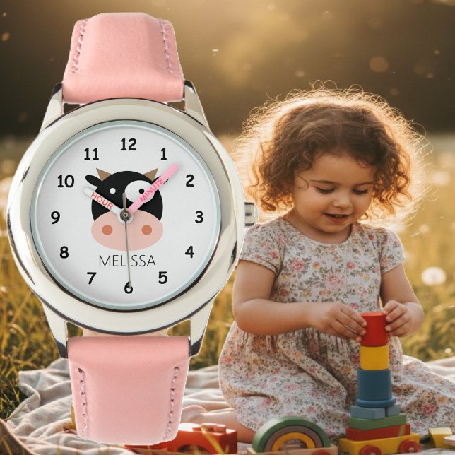 Personalisierte Kinderuhr mit lustigem Kuh-Cartoon Armbanduhr (cow watch for kids)