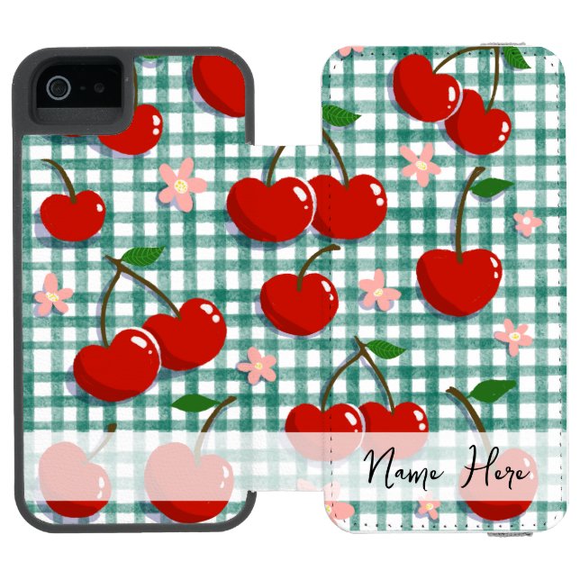 Personalisierte Kirsche auf grünem Gingham Handyhü Incipio iPhone Geldbeutel-Hülle (Folio Geöffnet)