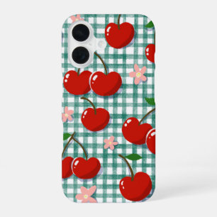 Personalisierte Kirsche auf grünem Gingham Handyhü iPhone 16 Hülle