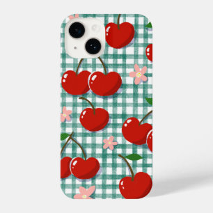 Personalisierte Kirsche auf grünem Gingham Handyhü iPhone 14 Hülle