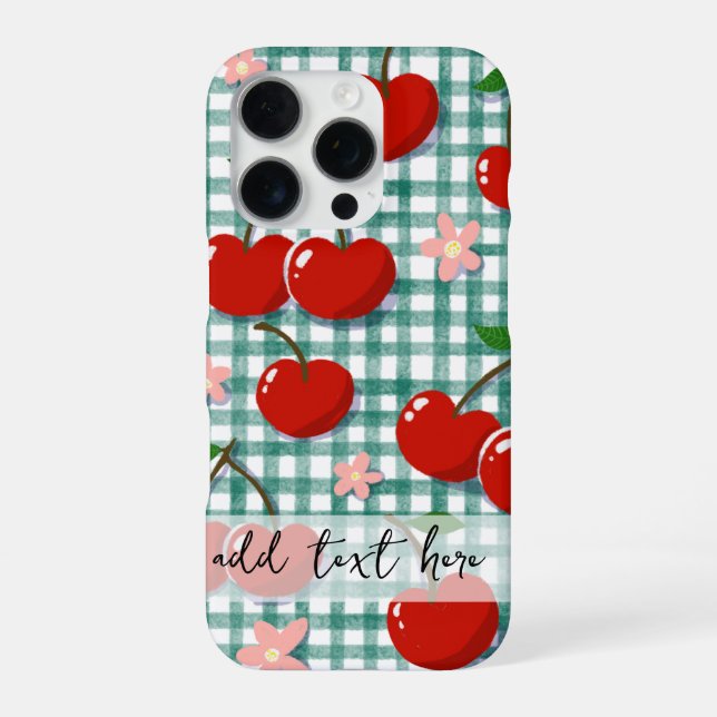 Personalisierte Kirsche auf grünem Gingham Handyhü iPhone Hülle (Rückseite)