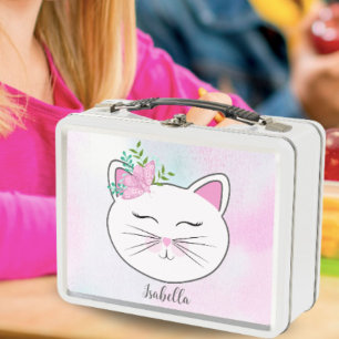 Personalisierte Kitty mit rosa Schmetterling Metall Brotdose