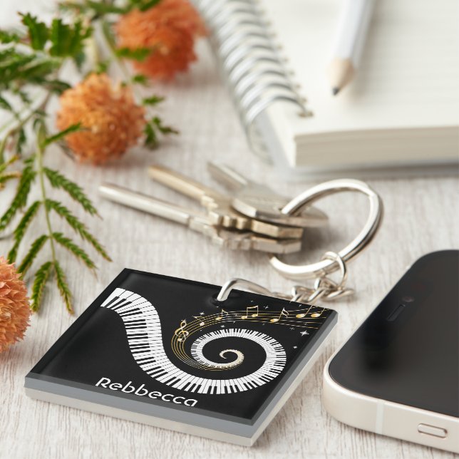 Personalisierte Klavierschlüssel und Gold-Musiknot Schlüsselanhänger (Vorderseite rechts)