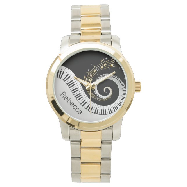 Personalisierte Klaviertasten und Gold-Musiknoten Armbanduhr (Vorderseite)
