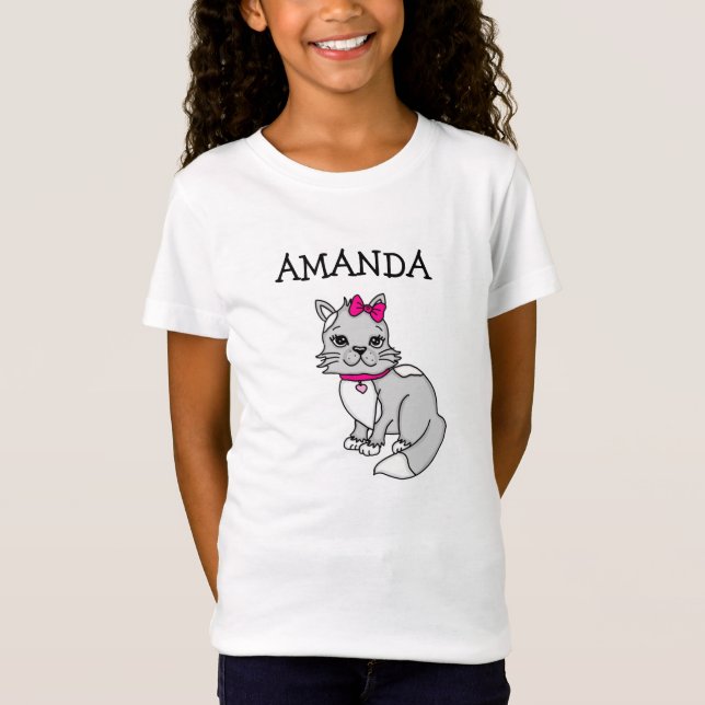 Personalisierte kleine Girl's Grey Kitten mit Bow  T-Shirt (Vorderseite)