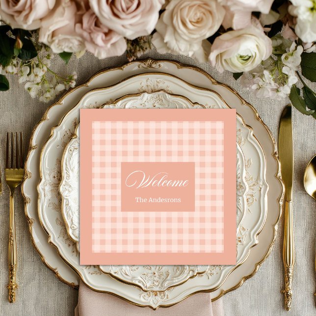 Personalisierte Korallen-Karo-Servietten im schick Serviette (Personalized Coral Plaid Napkins Chic Table Style)