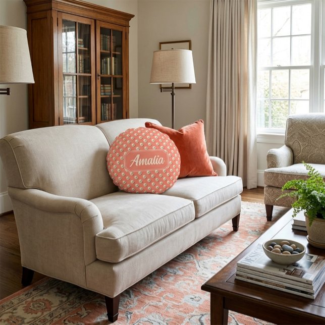 Personalisierte Korallen-Polka-Punkt-Wurfkissen Rundes Kissen (Von Creator hochgeladen)