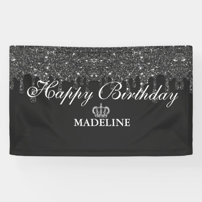 Personalisierte Kronentrocknung Glitzer Geburtstag Banner (Horizontal)
