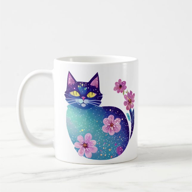 Personalisierte Kunskatze und Blume Kaffeetasse (Links)