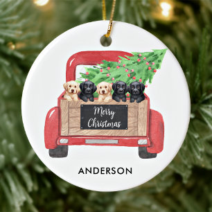 Personalisierte Labrador-Welpen rote Weihnachtstru Keramik Ornament