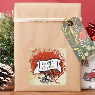 Personalisierte Lavendel-Herz-Blatt-Baum-Hochzeit Quadratischer Aufkleber