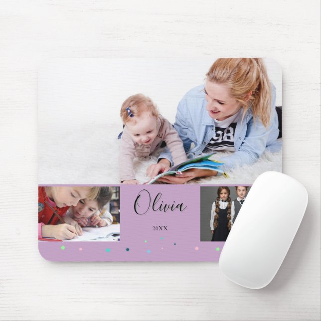 Personalisierte Lavendel-Schul-Fotocollage-Name Mousepad (Mit Mouse)