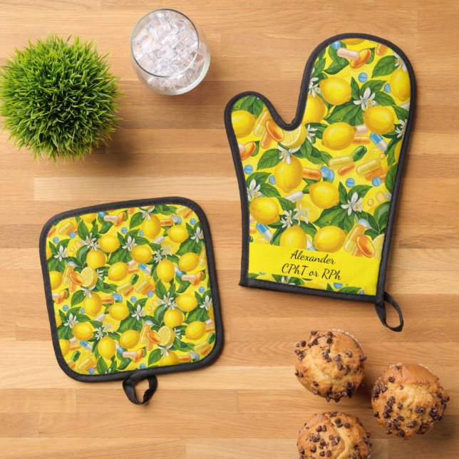 Personalisierte Lemon & Pills Pharmacy Kitchen Ofenhandschuh & Topflappen-Set (Oben Unten)