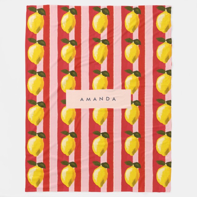Personalisierte Lemon Stripe Muster Gelbe Zitronen Fleecedecke (Vorderseite)