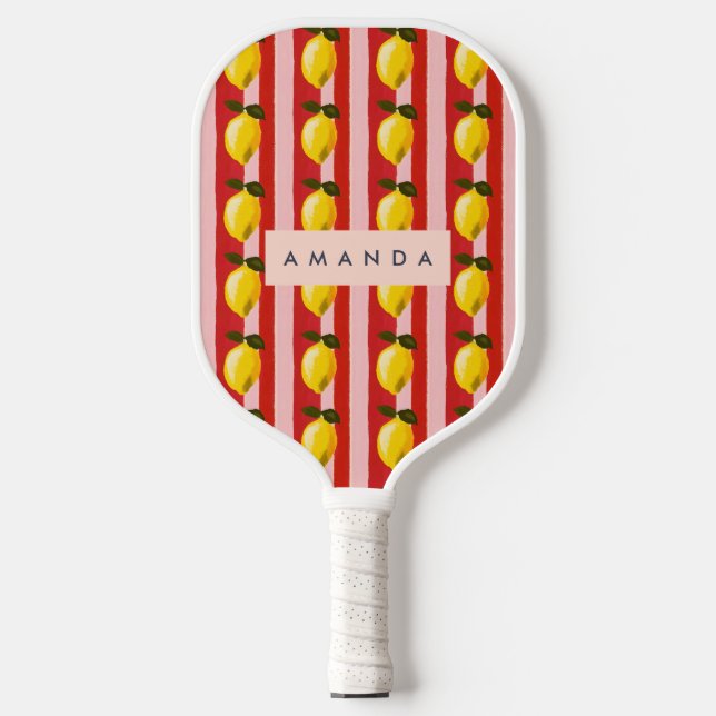 Personalisierte Lemon Stripe Muster Gelbe Zitronen Pickleball Schläger (Vorderseite)