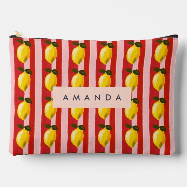 Personalisierte Lemon Stripe Muster Gelbe Zitronen Zubehörtasche (Vorderseite)