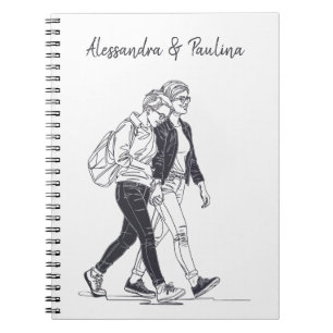 Personalisierte Lesbische Couple Walking Line Art Notizblock