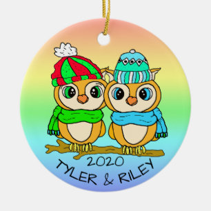 Personalisierte LGBT-Liebesvögel Eulen Weihnachten Keramik Ornament