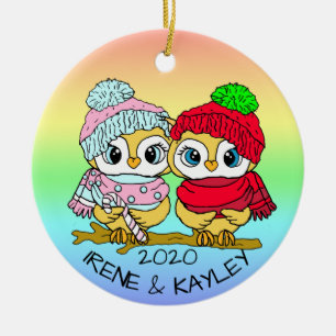 Personalisierte LGBT Love Birds Owls Weihnachten Keramik Ornament