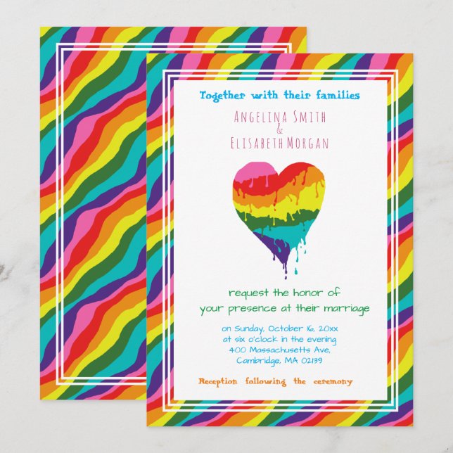 Personalisierte LGBT-Rainbow-Heart-Hochzeit Einladung (Vorne/Hinten)