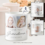 Personalisierte LIEBE SIE GRANDMA Handgeschriebene Kaffeetasse<br><div class="desc">Erstellen Sie eine Sake-Foto-Tasse für eine Großmutter mit 4 Bildern und dem Titel LIEBE YOU GRANDMA in modernem handgeschriebenem Skript in grau Akzent mit rot-rosa Herzen mit den Namen ihrer Enkel oder Ihrer benutzerdefinierten Nachricht. Alle Texte und Farben können bearbeitet werden, um Oma zu Nana oder den Lieblingsnamen zu ändern...</div>