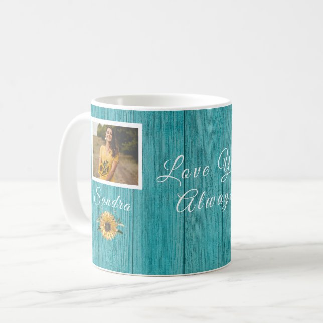 Personalisierte Liebe | Sonnenblumen Aquamarin Kaffeetasse (Vorderseite Links)
