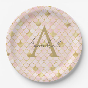 Personalisierte Light PInk und Gold Mermaid-Scales Pappteller