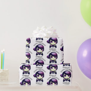 Personalisierte Lila Anime Gamer Girl Geburtstag Geschenkpapier