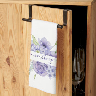 Personalisierte lila Aquarell-Blumen Geschirrtuch