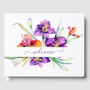 Personalisierte lila Aquarell-Iris Gästebuch