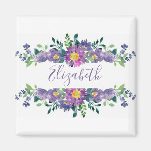 Personalisierte lila Aquarellblumen Magnet