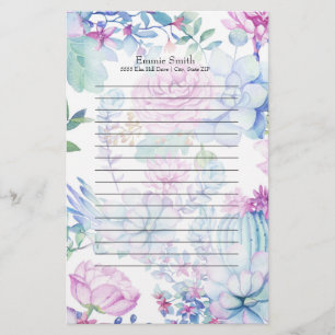 Personalisierte Lila blaue Kaktus und blumenweiße  Briefpapier
