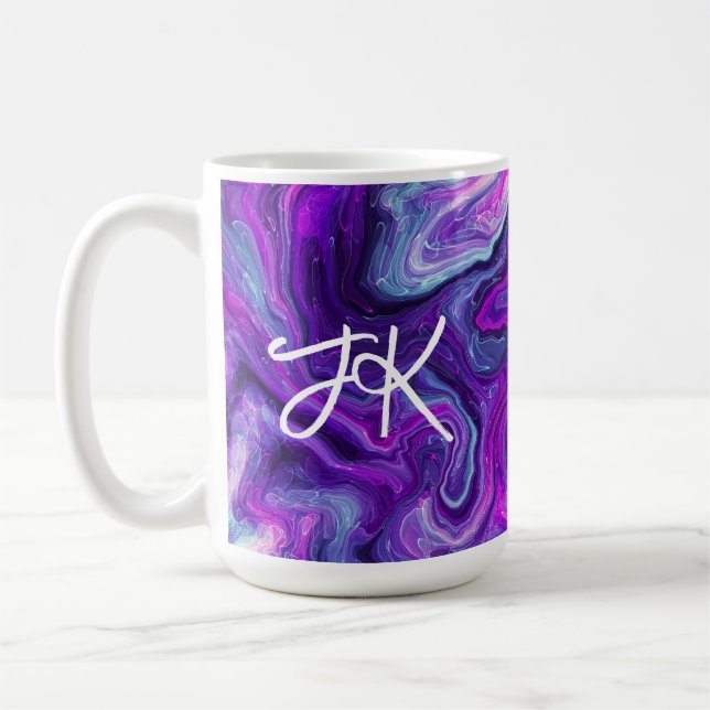 Personalisierte Lila, blaue, rosa Marmorflüssigkei Kaffeetasse (Links)