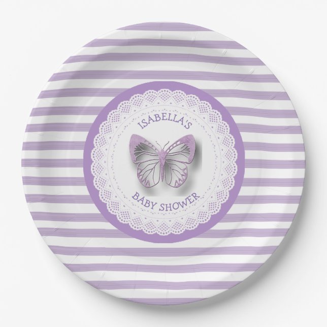 Personalisierte Lila Butterfly Baby Dusche Teller (Vorderseite)
