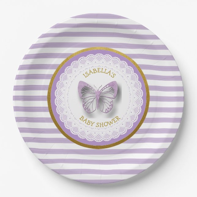 Personalisierte Lila Butterfly Baby Dusche Teller (Vorderseite)