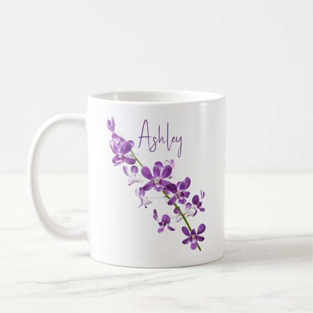 Personalisierte lila Dendrobium-Orchidee Kaffeetasse (Links)