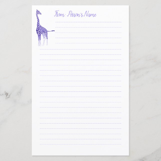 Personalisierte Lila Giraffe Lined Stationery (Vorderseite)