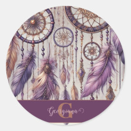 Personalisierte Lila & Gold Boho Dreamcatcher Runder Aufkleber