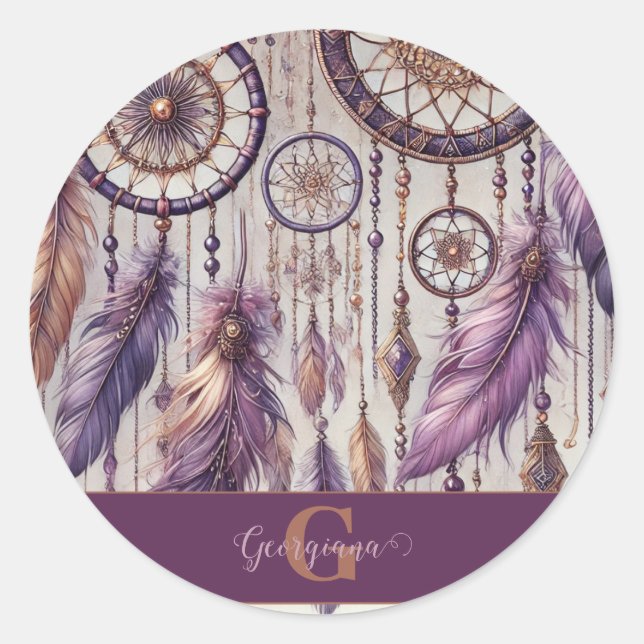 Personalisierte Lila & Gold Boho Dreamcatcher Runder Aufkleber (Vorderseite)