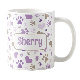 Personalisierte Lila Hearts Paw Prints Tasse