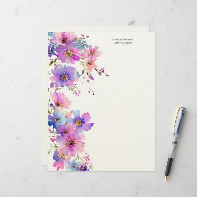 Personalisierte lila rosa Wildblumen Blumen  Briefbogen (Vorderseite/Rückseite Beispiel)