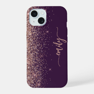 Personalisierte lila Rosen-Gold-Glitter-Unterschri iPhone 15 Hülle