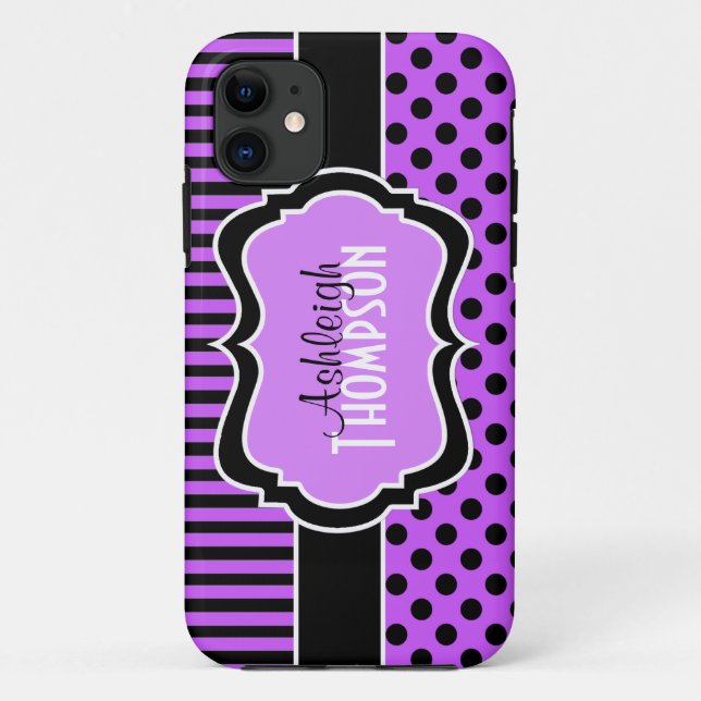 Personalisierte lila, schwarze gestreifte Case-Mate iPhone hülle (Rückseite)