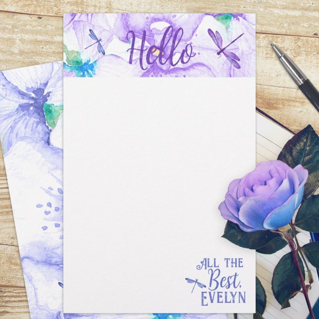 Personalisierte Lila und blaue Libelle (whimsical purple blue dragonflies dragonfly budget personalized letter stationary paper sheets)