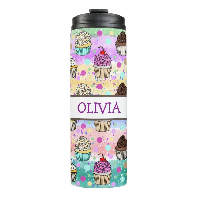 Personalisierte, Lila und rosa Cupcakes Thermosbecher (Vorderseite)