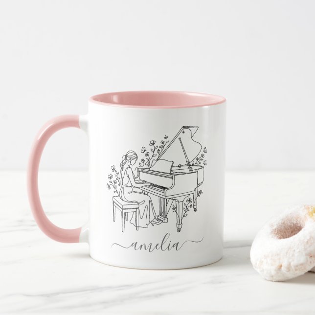 Personalisierte Linienzeichnung einer Klavierspiel Tasse (Mit Donut)