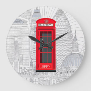 Personalisierte Londoner rote Telefonzelle & Skyli Große Wanduhr
