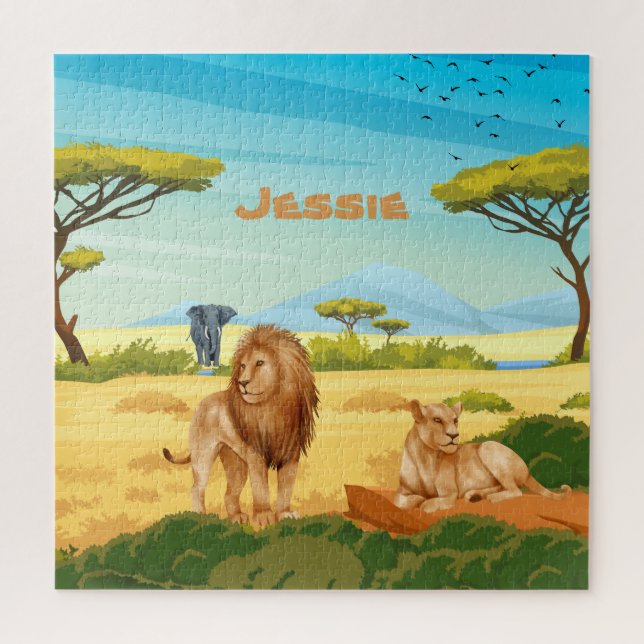 Personalisierte Löwen auf der Savannah Puzzle (Vertikal)